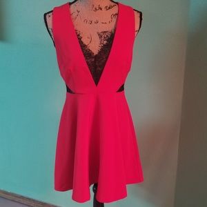 Red & Blace lace panel dress